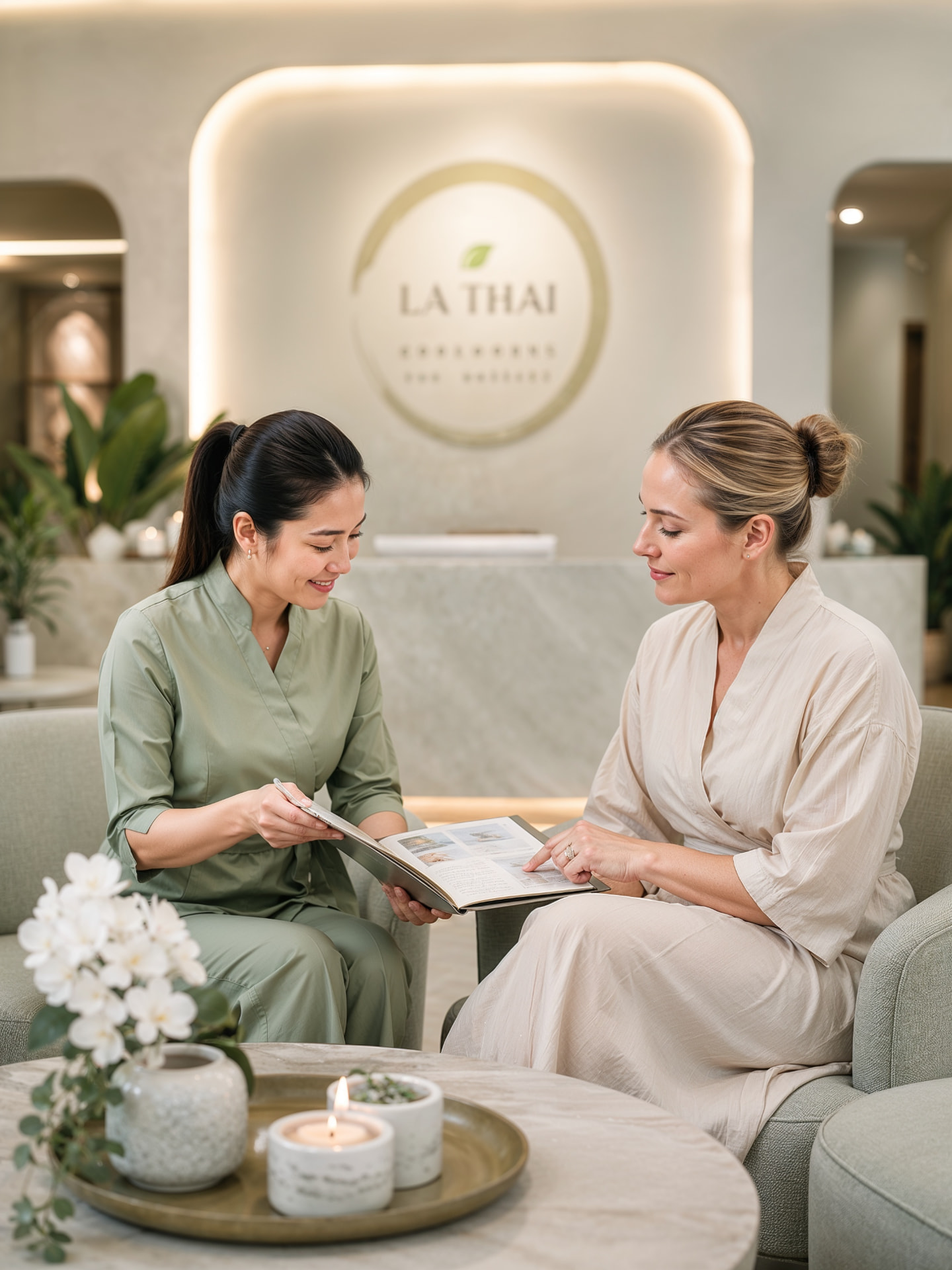 A therapist and guest reviewing the treatment menu in the calm LA Thai Bodyworks lounge