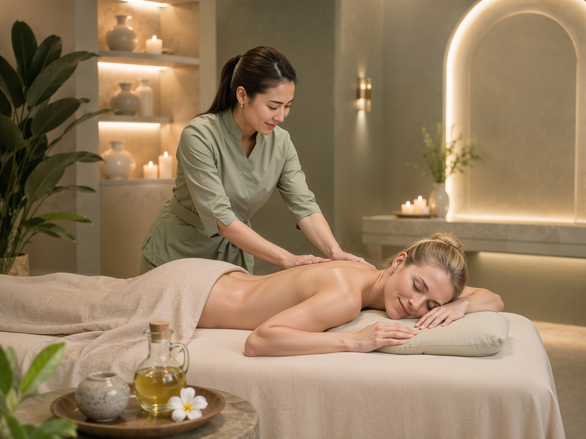 Guest receiving a warm oil body massage beside a tray of aromatic oil and a frangipani flower