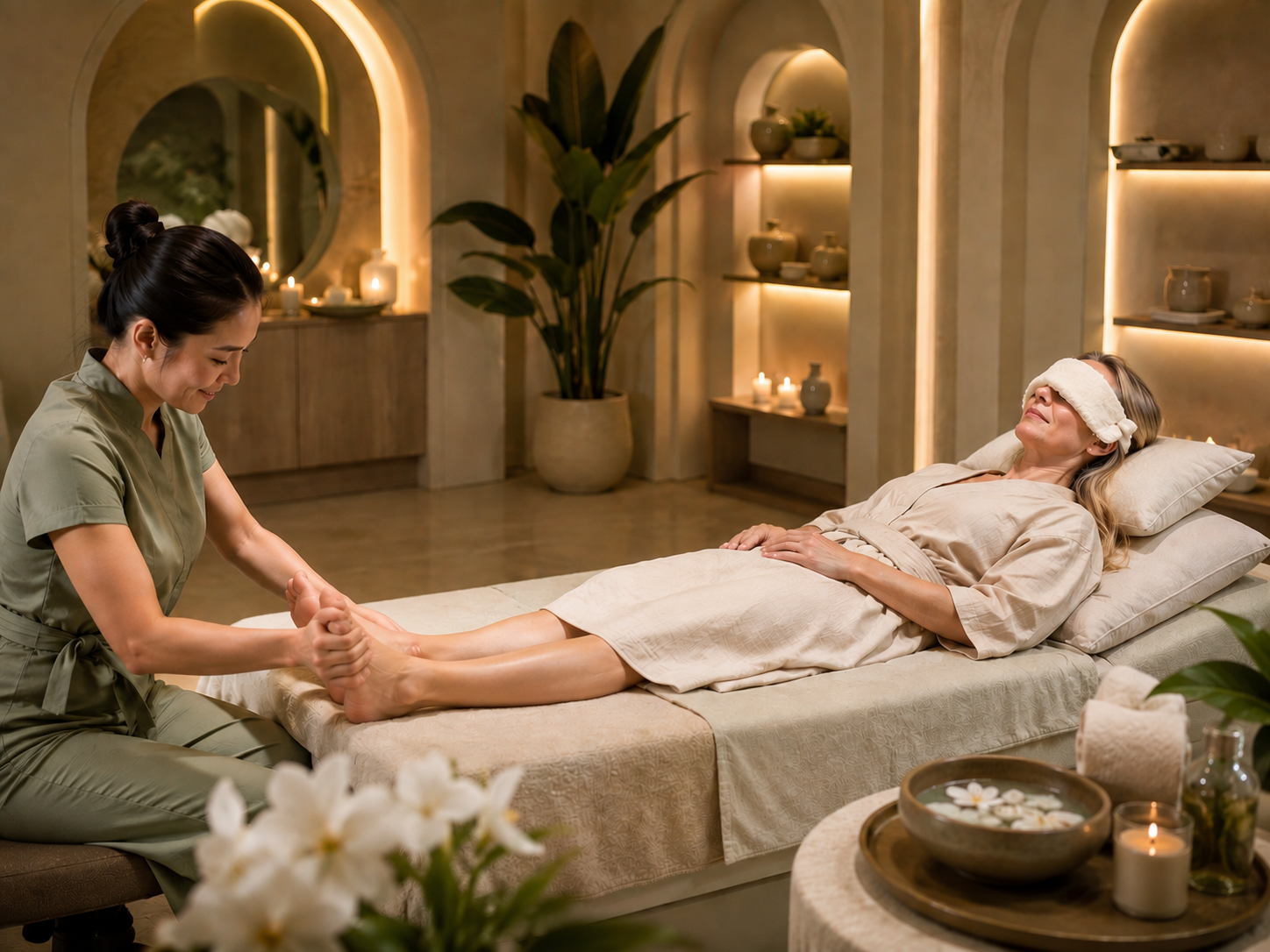 Therapist giving a relaxing foot massage to a guest resting in a serene candlelit Thai spa suite