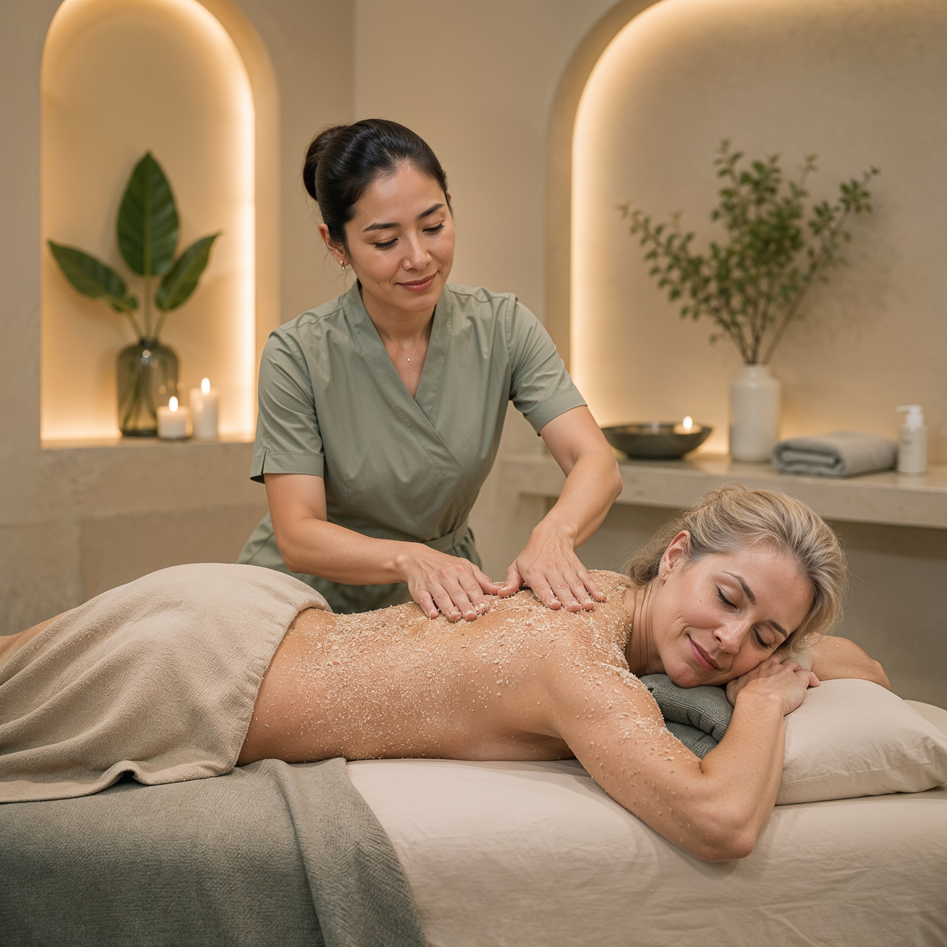 Therapist applying a natural sea salt body scrub to a guest in a warm candlelit spa room