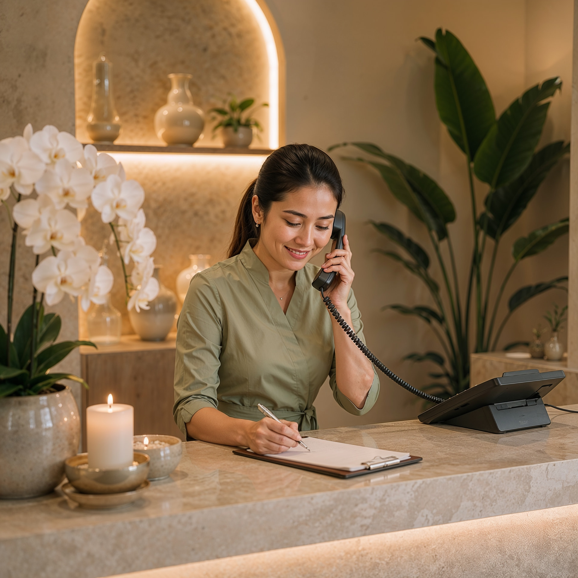 Receptionist taking a booking call at the orchid-lined front desk