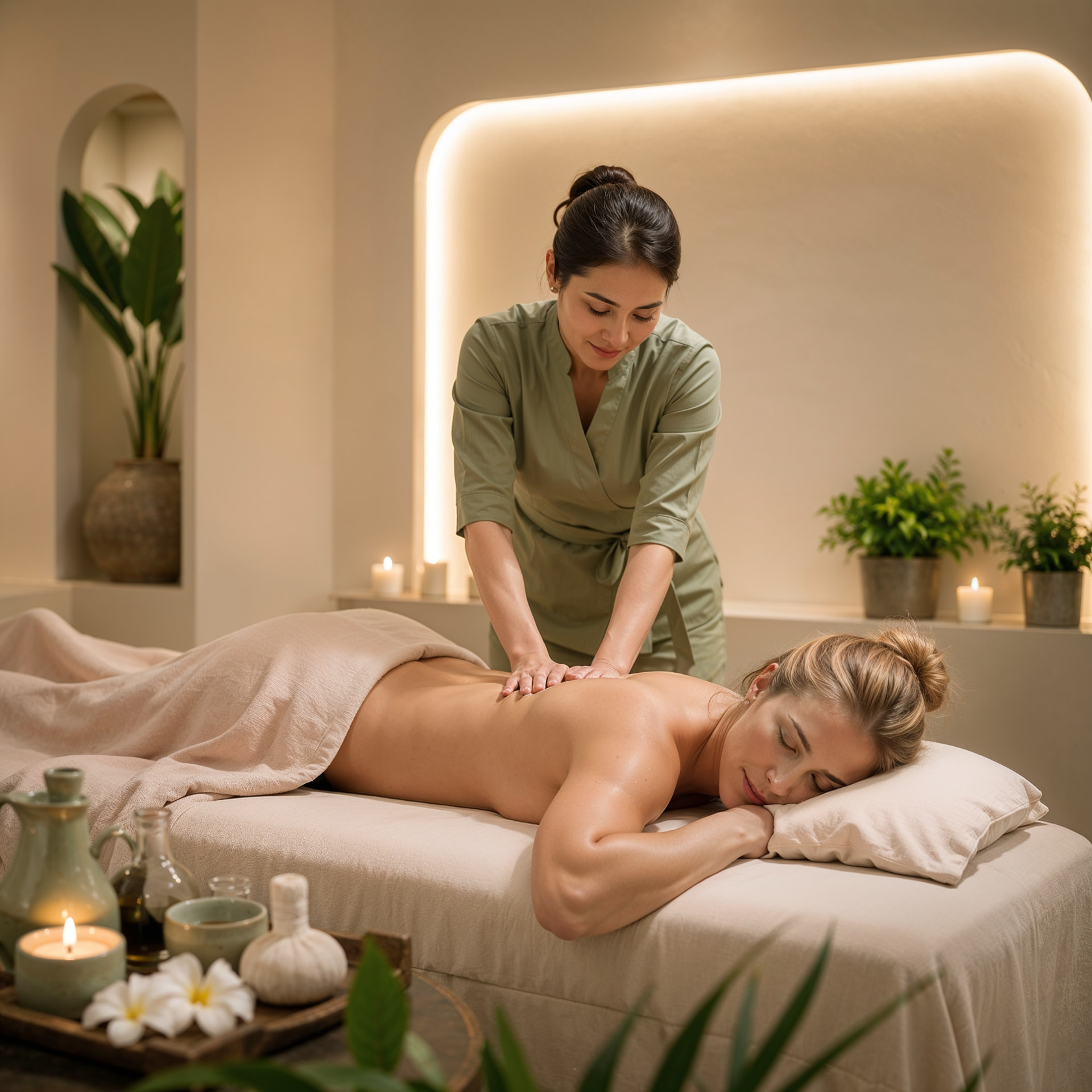 Therapist applying firm deep tissue pressure in a candlelit treatment room
