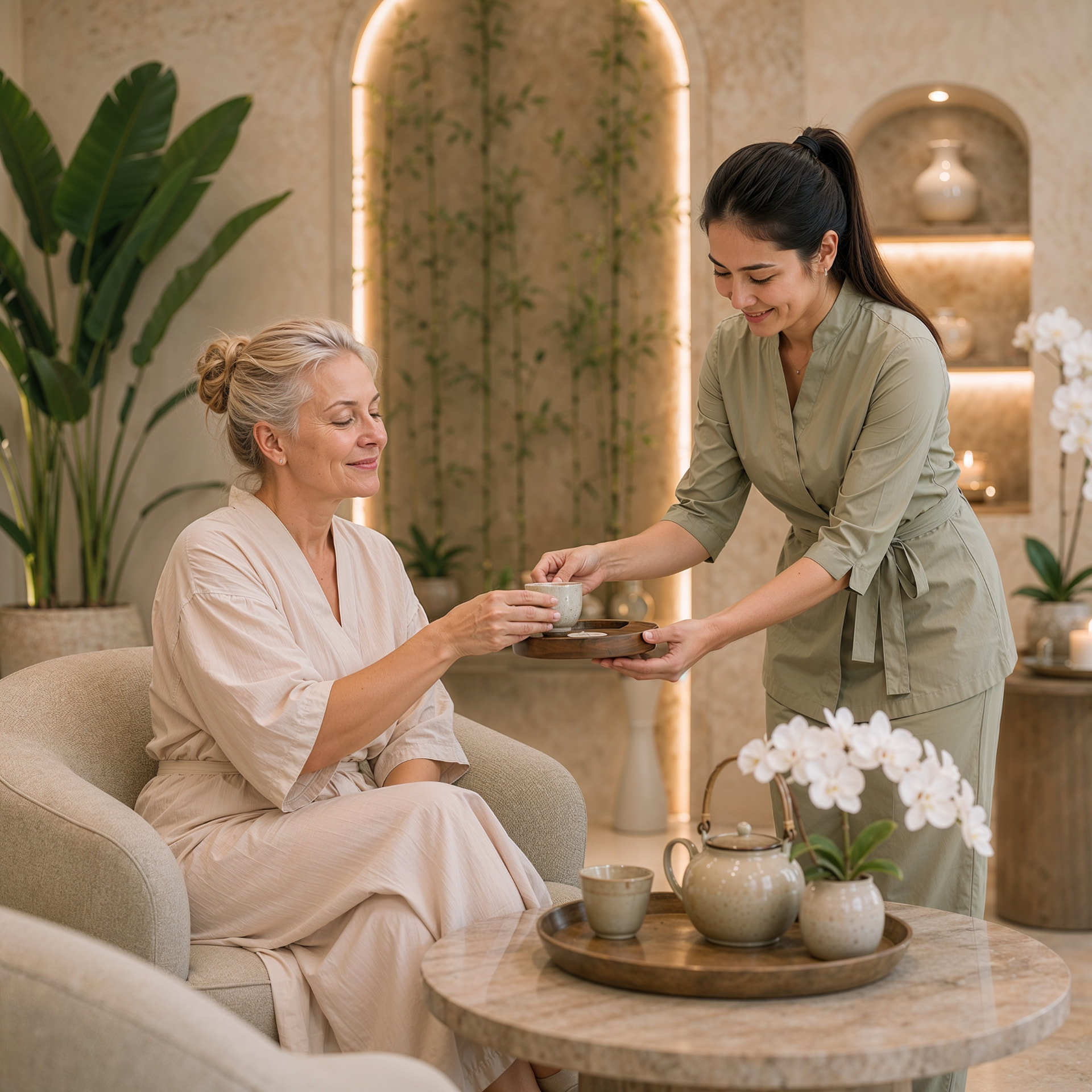 Guest being served warm herbal tea in the spa lounge before a treatment