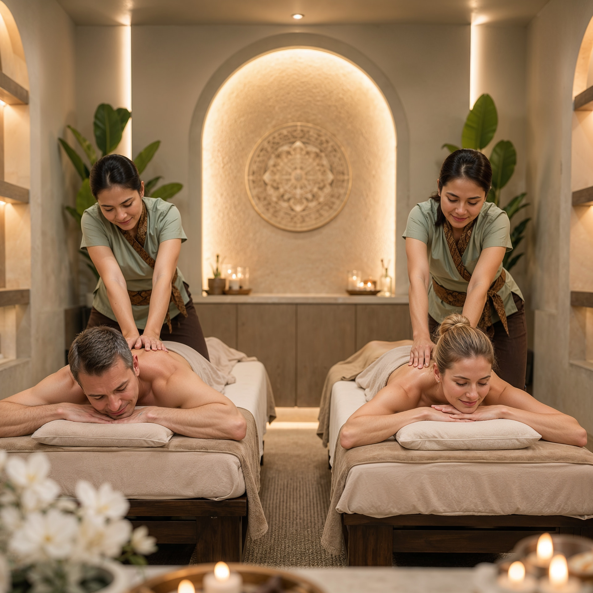 Couple receiving side-by-side massages from two therapists in a private Thai spa suite