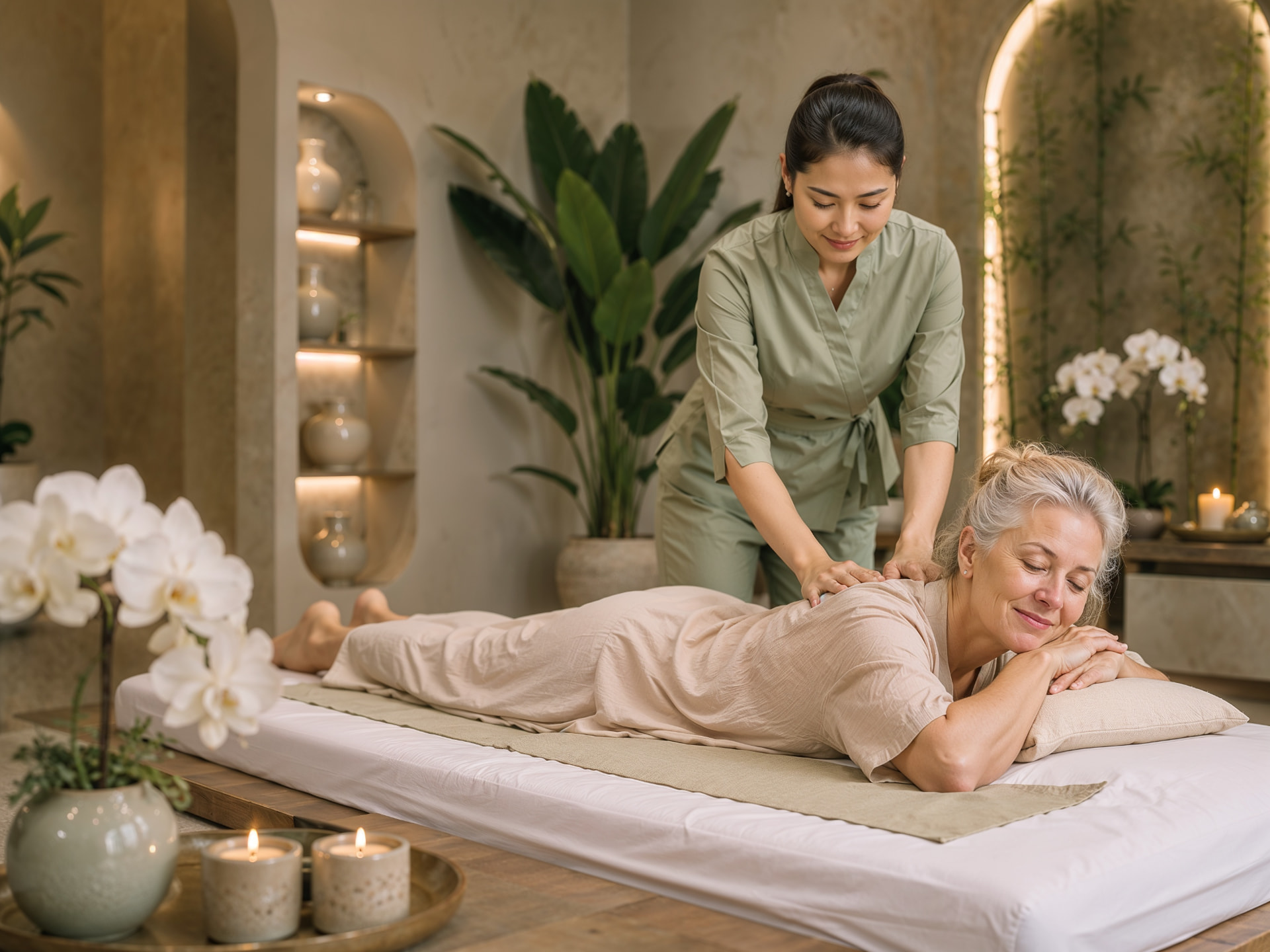 Thai signature combination massage on a floor mat surrounded by orchids and candles